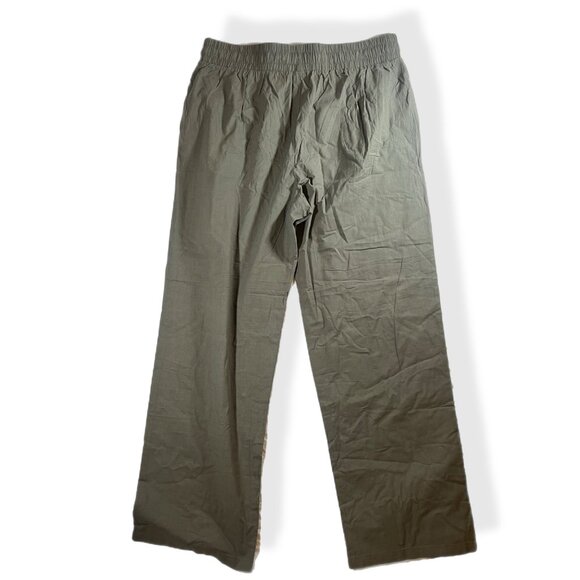 Womens Flowy Pants XL Cotton Flax Blend Olive Green Wide Leg Pockets Boho - Picture 2 of 8